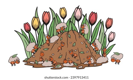 Ants with rocks, working, anthill with tulips, spring work time. Cute cartoon character vector art.