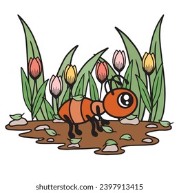 Ants with rocks, working, anthill with tulips, spring work time. Cute cartoon character vector art.