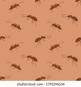 Ants seamless pattern. Brown hand drawn insects on beige background. Vector illustration.