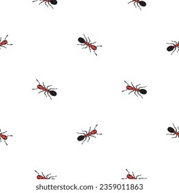 Patrón de hormigas sin fisuras con pequeños insectos negros rojos en varias orientaciones sobre fondo blanco. Patrón de la colección