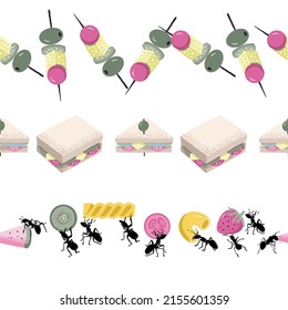 Ants Taking Picnic Food Vector Seamless Horizontal Borders Set