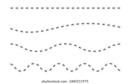 Ants trail line of working ants on white background vector illustration. A line of worker ants marching in search of food. Worker incects marching in a line. Ants road vector illustration