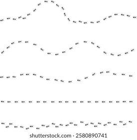 Ants trail line of working ants on white background vector illustration. A line of worker ants marching in search of food. Worker incects marching in a line. Ants road vector illustration