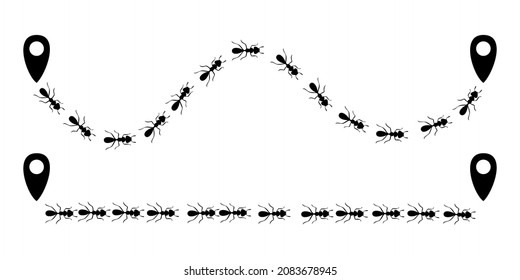 Ameisen-Trail mit Ortungssymbolen. Route oder Pfad einzeln auf weißem Hintergrund. Vektorgrafik