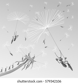 The ants are traveling through the air the seed of dandelion on blue sky background.