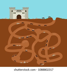 Ants in tunnels building a castle. Teamwork construction concept. Flat design vector illustration