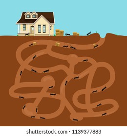Ants In Tunnels Moving Into A Tiny House. Teamwork Concept. Flat Design Vector Illustration.