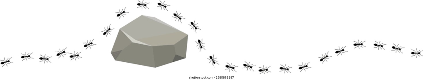  ants walk across rock on a white background, vector illustration,Many ants on stones on white background