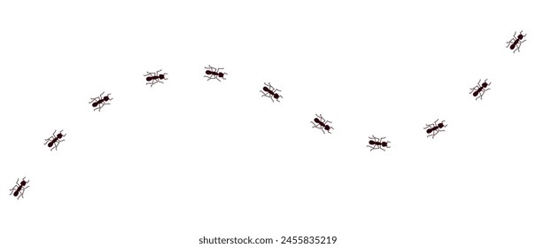 Ants walk in group. Row of ants moves quickly in one direction. Little ant trail isolated on white background. Doodle ant