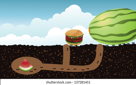 Ants with watermelon. EPS 10 vector, grouped for easy editing. No open shapes or paths.