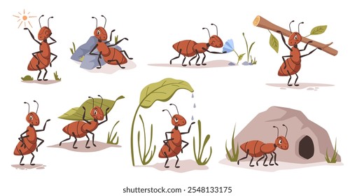 Hormigas trabajando y tiempo libre. Vector lindas criaturas coloniales con antenas. Trabajador llevando hoja y rama con follajes, pero yendo a hormiguero. Vida silvestre y ecosistema. Desierto y naturaleza