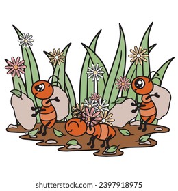Ants working, summer day, leaves and flowers. Cute cartoon vector art.
