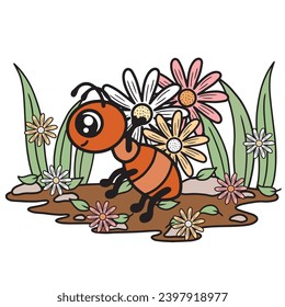 Ants working, summer day, leaves and flowers. Cute cartoon vector art.