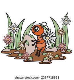 Ants working, summer day, leaves and flowers. Cute cartoon vector art.