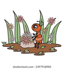 Ameisen arbeiten, Sommertag, Blätter und Blumen. Cute Cartoon Vektorkunst.