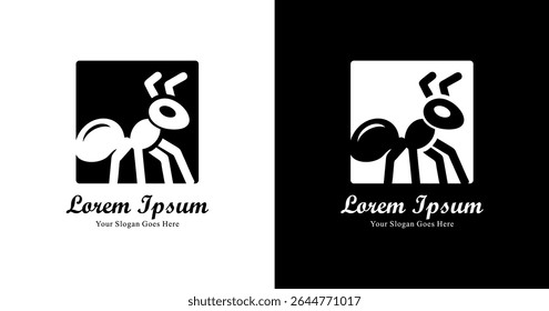 Design de logotipo em forma de formiga combinado com um quadrado