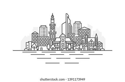 Antwerp, Belgium architecture line skyline illustration. Linear vector cityscape with famous landmarks, city sights, design icons. Landscape with editable strokes.