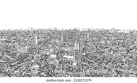 Antwerp, Belgium. Cathedral of Our Lady of Antwerp. Doodle sketch style. Aerial view