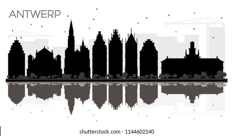 Antwerp Belgium City skyline black and white silhouette with Reflections. Vector illustration. Simple flat concept for tourism presentation, banner, placard or web. Antwerp Cityscape with landmarks.