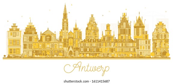 Antwerp Belgium City Skyline Silhouette with Golden Buildings Isolated on White. Vector Illustration. Business Travel and Tourism Concept with Historic Architecture. Antwerp Cityscape with Landmarks.
