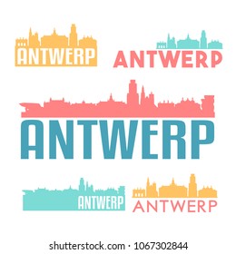 Antwerp Belgium Flat Icon Skyline Vector Silhouette Design Set.