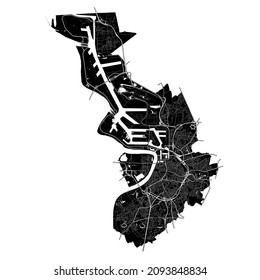 Anvers , Belgique, carte vectorielle haute résolution avec les limites de la ville, et chemins modifiables. La carte de la ville a été dessinée avec des zones blanches et des lignes pour les routes principales, les routes secondaires et les cours d'eau sur un noir.