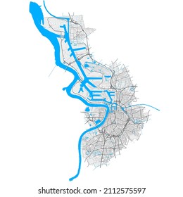 Antwerp, Antwerp, Belgium high resolution vector map with city boundaries and editable paths. White outlines for main roads. Many detailed paths. Blue shapes and lines for water.