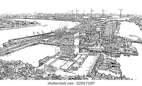 Antwerp, Belgium. Industrial area of the city from above. Museum. Doodle sketch style. Aerial view