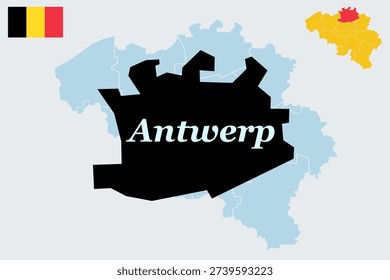Antwerp Belgium Map and Flag - Flemish Port City, Scheldt River and Diamond District Vector Outline
