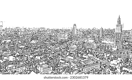 Antwerp, Belgium. Panorama of the historical part of the city. Doodle sketch style. Aerial view