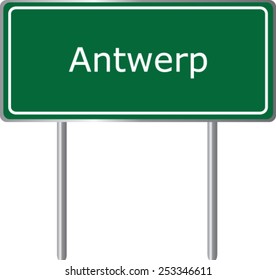Antwerp, Belgium, road sign green vector illustration, road table