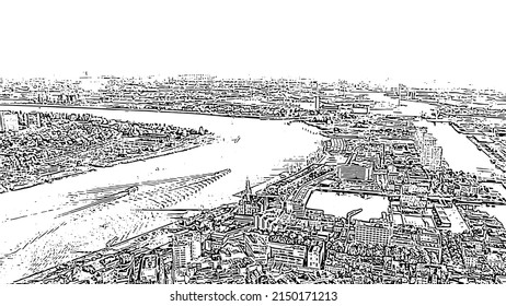 Antwerp, Belgium. Schelde (Esco) river. Industrial area of the city. Doodle sketch style. Aerial view