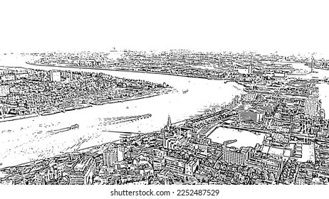 Antwerp, Belgium. Schelde (Esco) river. Industrial area of the city. Doodle sketch style. Aerial view