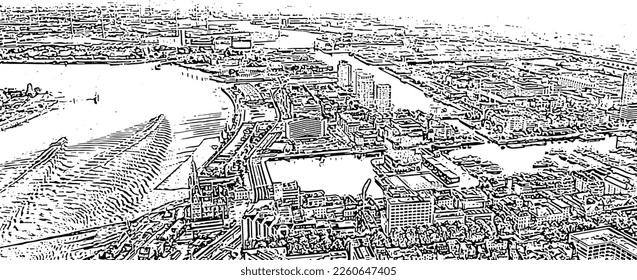 Antwerp, Belgium. Schelde (Esco) river. Industrial area of the city. Doodle sketch style. Aerial view