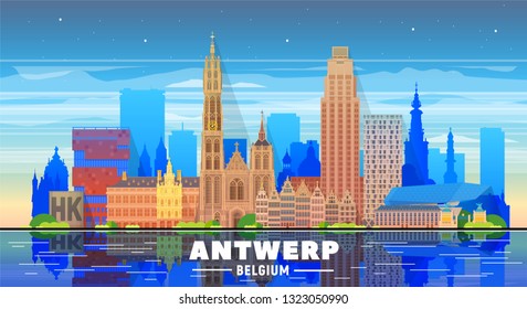 Antwerp (Belgium) skyline with panorama in white background. Vector Illustration. Business travel and tourism concept with modern buildings. Image for presentation, banner, web site.