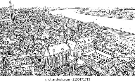 Antwerp, Belgium. St. Paul s Cathedral (Sint-Pauluskerk). Doodle sketch style. Aerial view