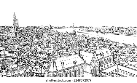 Antwerp, Belgium. St. Paul s Cathedral (Sint-Pauluskerk). Doodle sketch style. Aerial view