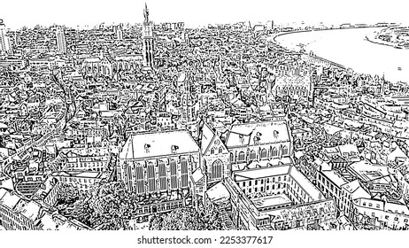 Antwerp, Belgium. St. Paul s Cathedral (Sint-Pauluskerk). Doodle sketch style. Aerial view