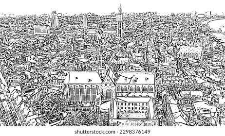 Amberes, Bélgica. Catedral de San Pablo (Sint-Pauluskerk). Estilo de dibujo de Doodle. Vista aérea