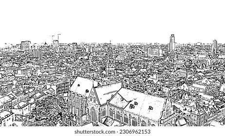 Amberes, Bélgica. Catedral de San Pablo (Sint-Pauluskerk). Estilo de dibujo de Doodle. Vista aérea