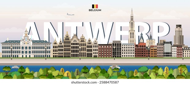 Antwerp cityscape colorful vector illustration with big city name on the background. Travel trendy poster