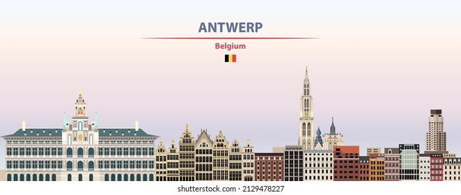 Antwerp cityscape on sunset sky background vector illustration with country and city name and with flag of Belgium
