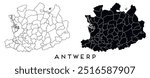 Antwerp map of regions districts vector black on white and outline