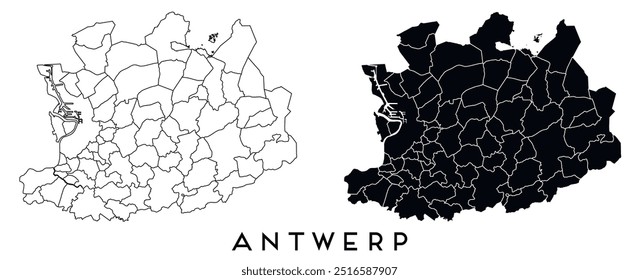 Antwerp map of regions districts vector black on white and outline