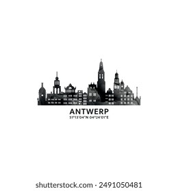 Antwerp panorama, vector badge, skyline logo and icon. Belgium city horizon logotype with landmarks and building silhouettes. Isolated foggy abstract gradient graphic