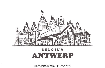 Antwerp sketch skyline. Antwerp, Belgium hand drawn vector illustration. Isolated on white background.