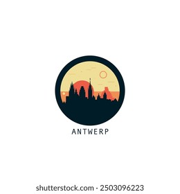 Antwerp skyline, downtown panorama logo, logotype. Belgium city round badge contour, isolated vector vintage pictogram with monuments, landmarks