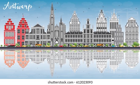 Antwerp Skyline with Gray Buildings, Blue Sky and Reflections. Vector Illustration. Business Travel and Tourism Concept with Historic Architecture. Image for Presentation Banner Placard and Web Site.