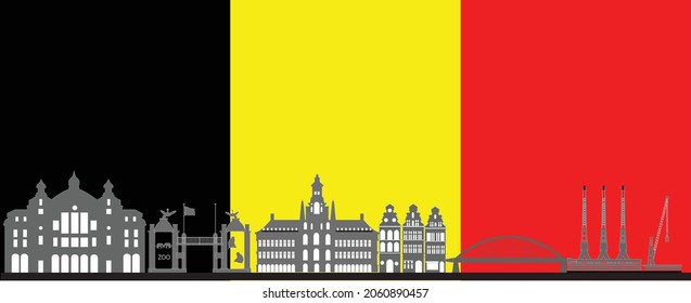antwerp skyline with station zoo and industry and flag as background