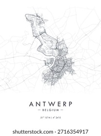 Antuérpia vetor imprimir mapa. Mapa detalhado da cidade em Bélgica. Mapa de rua minimalista decorativo turístico.